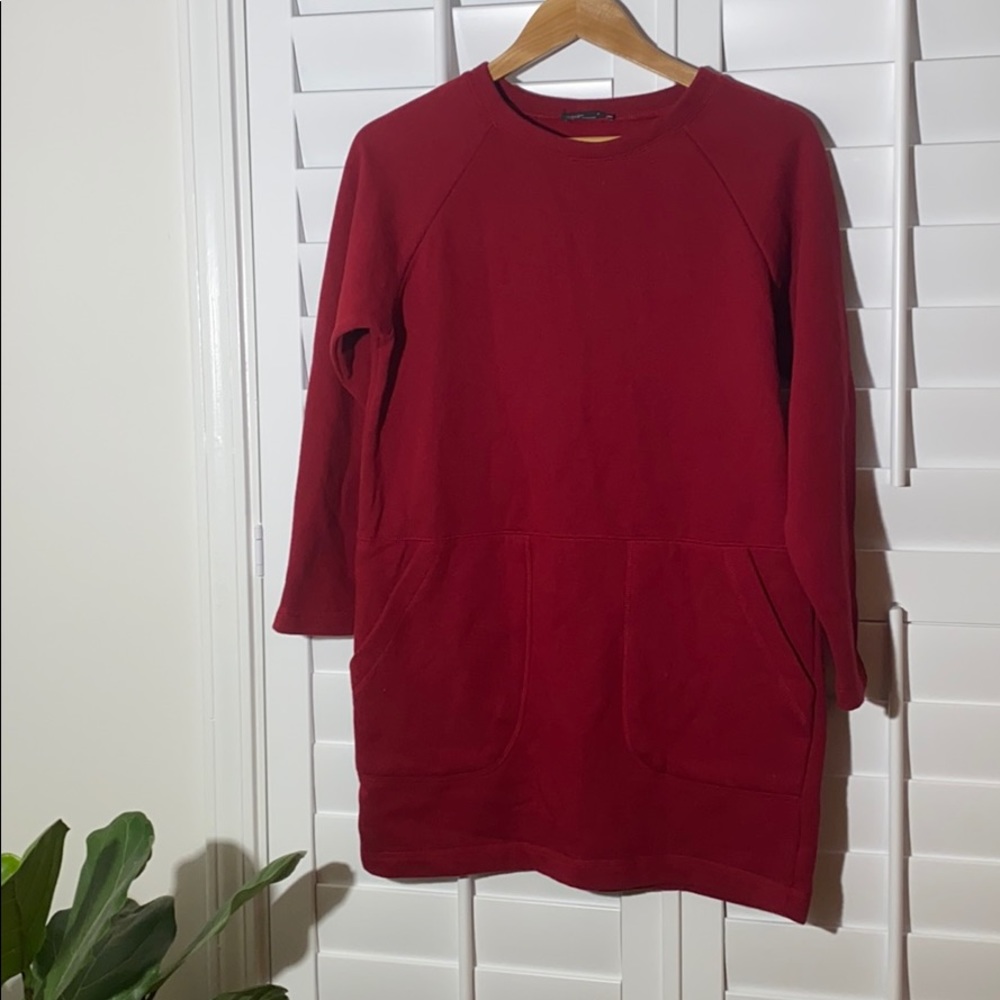 Zara Womens Red Long Sleeve Versatile Sweater Dress With Two Front Pockets